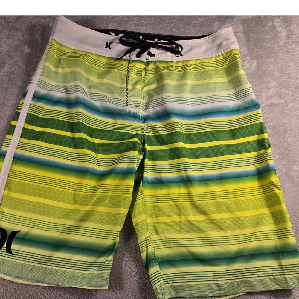 Hurley Mens Green Yellow Striped‎ Board Shorts Swim Trunks Size 32 MBS0000880